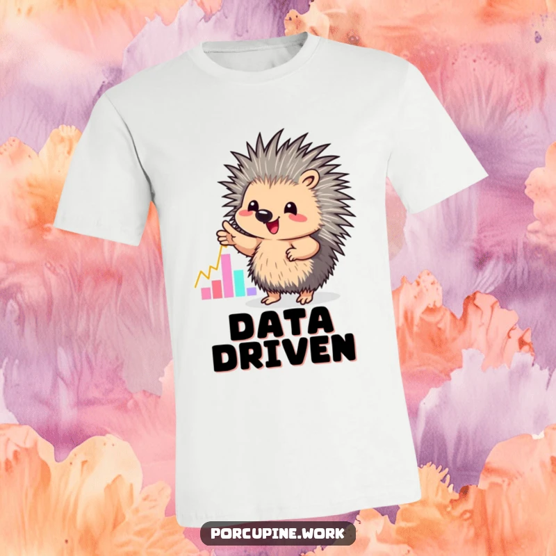 Funny t-shirt depicting a porcupine enthusiastically pointing at a bright, colorful graph, representing progress and insights.