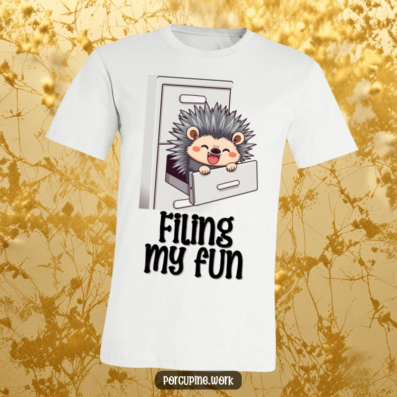 Funny t-shirt featuring a porcupine sliding down a filing cabinet with a wide, mischievous grin, embodying office freedom.