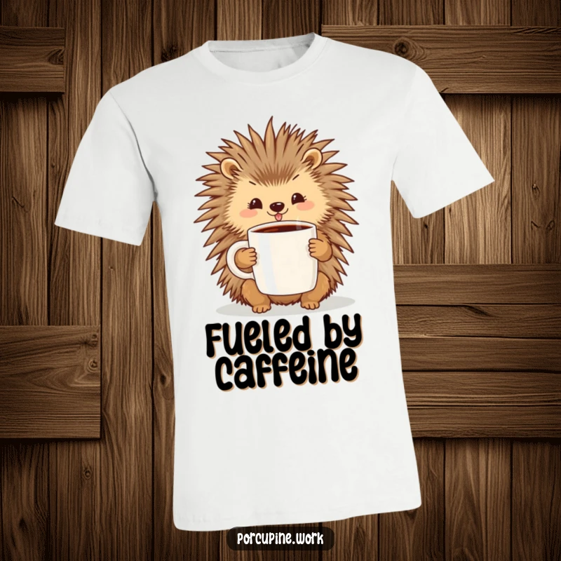 Funny t-shirt depicting a porcupine with a cheerful expression holding a big coffee mug, celebrating the joy of a good brew.