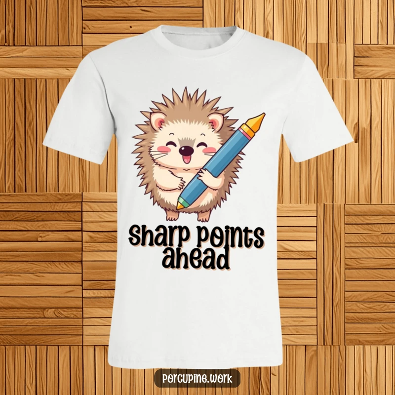 Funny t-shirt with a cheerful porcupine holding a comically large pen, celebrating the joy of writing.