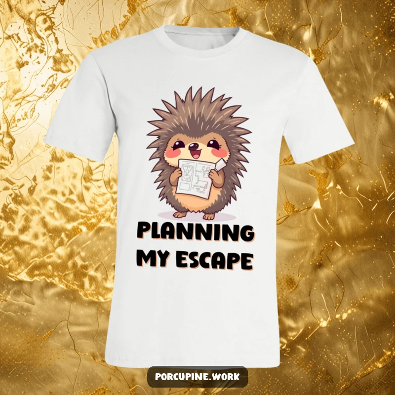 Funny porcupine cheering and holding a rolled-up blueprint, a celebratory t-shirt for architects and designers.