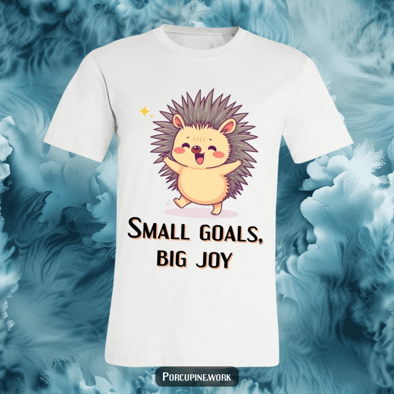 Funny t-shirt capturing a porcupine in a tiny hop, celebrating a small victory with infectious joy and playful energy.