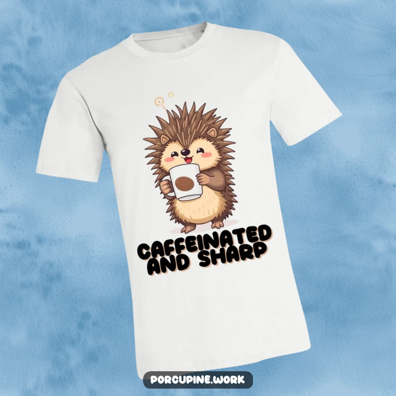 Funny porcupine triumphantly holding a steaming coffee mug, a celebratory t-shirt for coffee enthusiasts.
