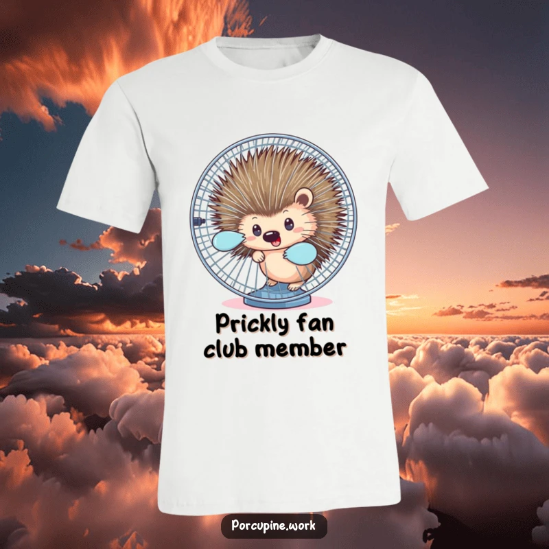 Funny t-shirt with a porcupine peeking out from behind a spinning office fan, highlighting office stress humor.