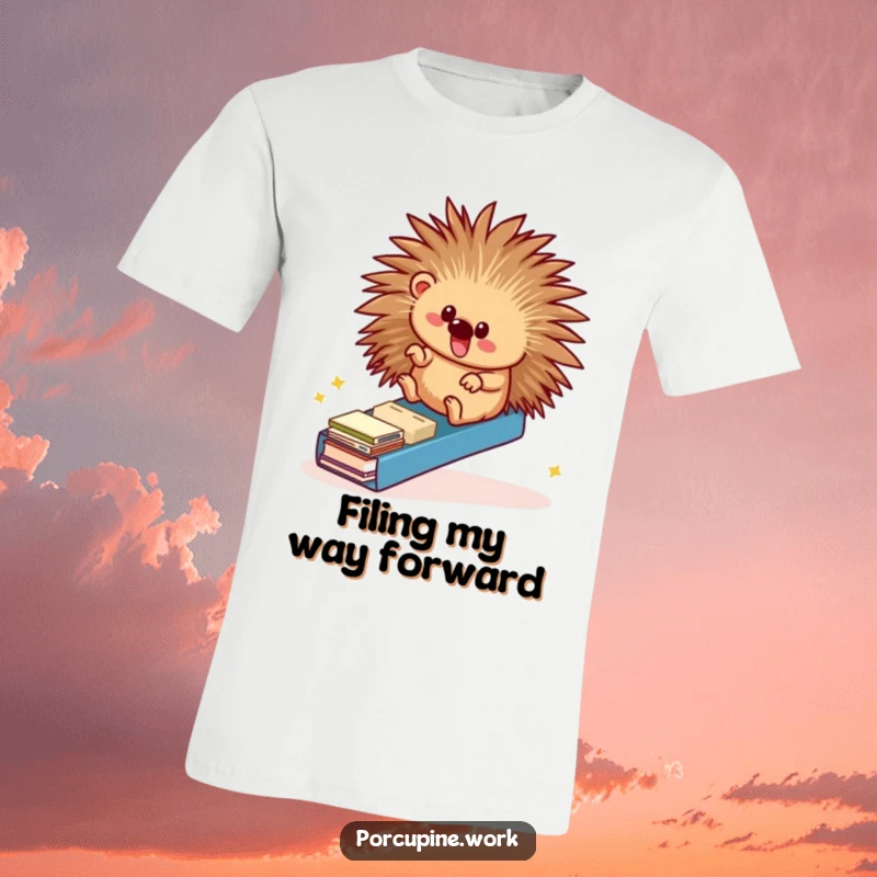 Funny t-shirt depicting a joyful porcupine exhilarated while sliding down a ramp constructed from office file folders, highlighting office absurdity.