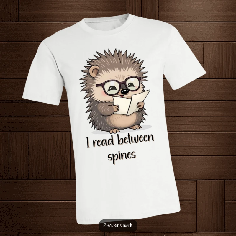 Funny t-shirt of a porcupine wearing glasses intently reading a very small document, symbolizing deep thought and wit.