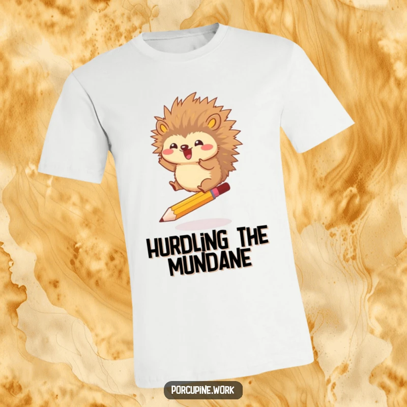 Funny t-shirt showing a porcupine joyfully jumping over a pencil, representing agility, fun, and overcoming minor hurdles.