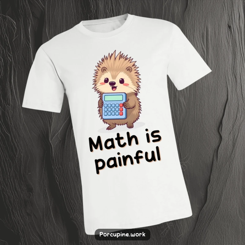 Funny porcupine triumphantly holding a tiny calculator, printed on a comfortable and humorous graphic t-shirt.