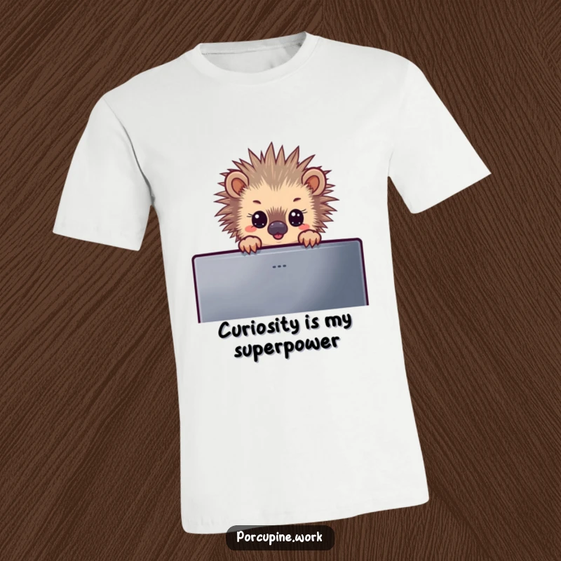 Funny T-shirt with a curious porcupine peeking over a computer screen, perfect for IT professionals and animal lovers, a humorous gift.