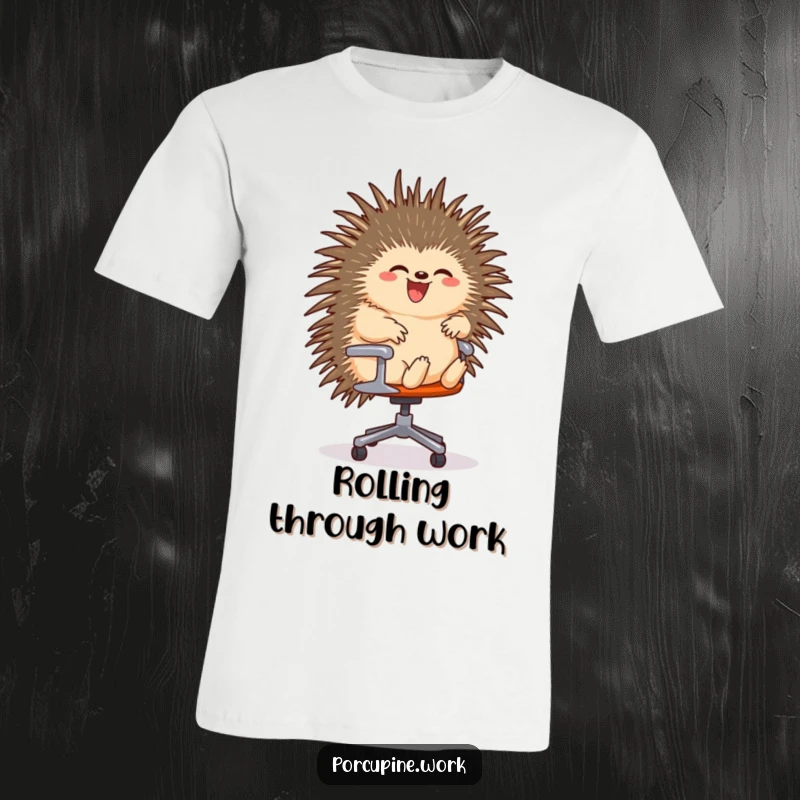 Funny t-shirt depicting a porcupine gleefully riding a rolling office chair, highlighting speed, fun, and office escapades.
