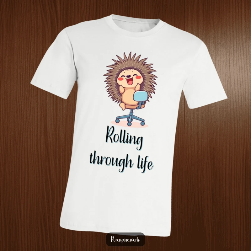 Funny t-shirt depicting a porcupine gleefully riding an office chair, capturing the joy of movement and playful chaos.