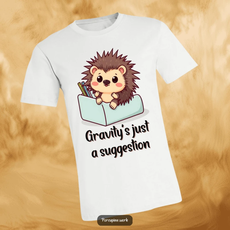 Funny t-shirt featuring a shocked porcupine comically sliding down a desk organizer, embodying office absurdity and unexpected fun.