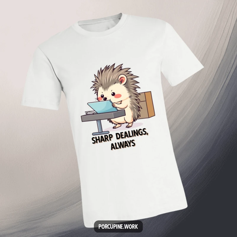 Funny T-Shirt featuring a porcupine expertly sliding a file folder across a desk, signifying efficiency and style.