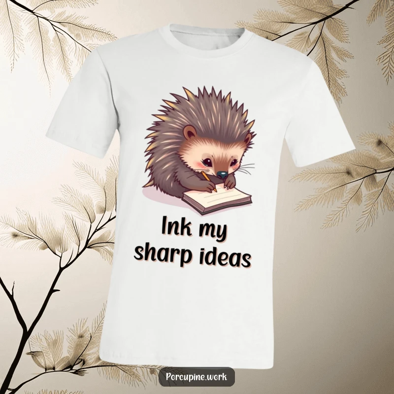 Funny t-shirt depicting a porcupine focused on scribbling notes on a miniature notepad, symbolizing productivity and humor.