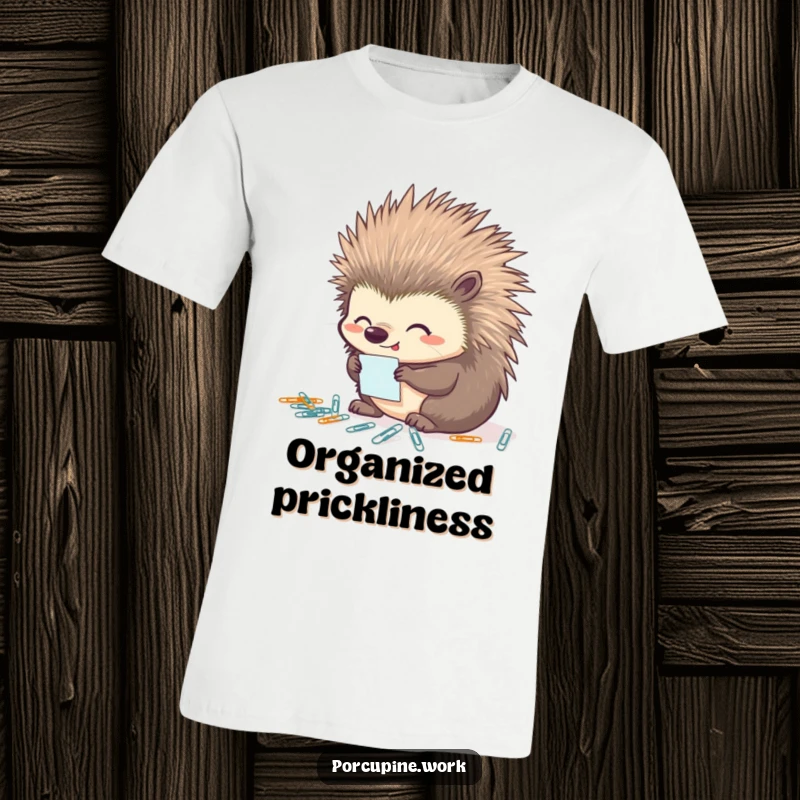 Funny porcupine t-shirt featuring a porcupine with a satisfied expression, neatly organizing a collection of tiny paperclips with great care.