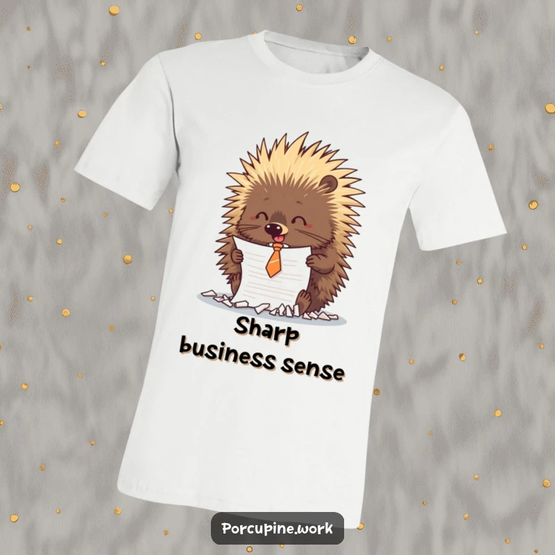 Funny porcupine sporting a tiny tie gleefully shreds a document, showcasing a playful act of office defiance on this tee.