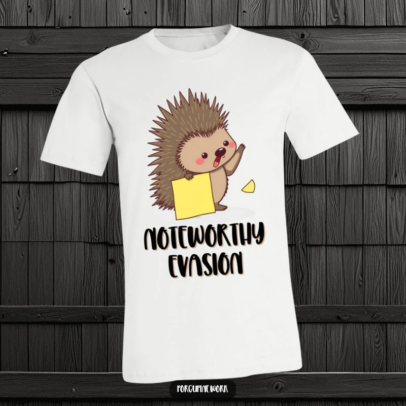 Funny t-shirt with a porcupine playfully dodging a falling sticky note, illustrating humorous workplace agility.