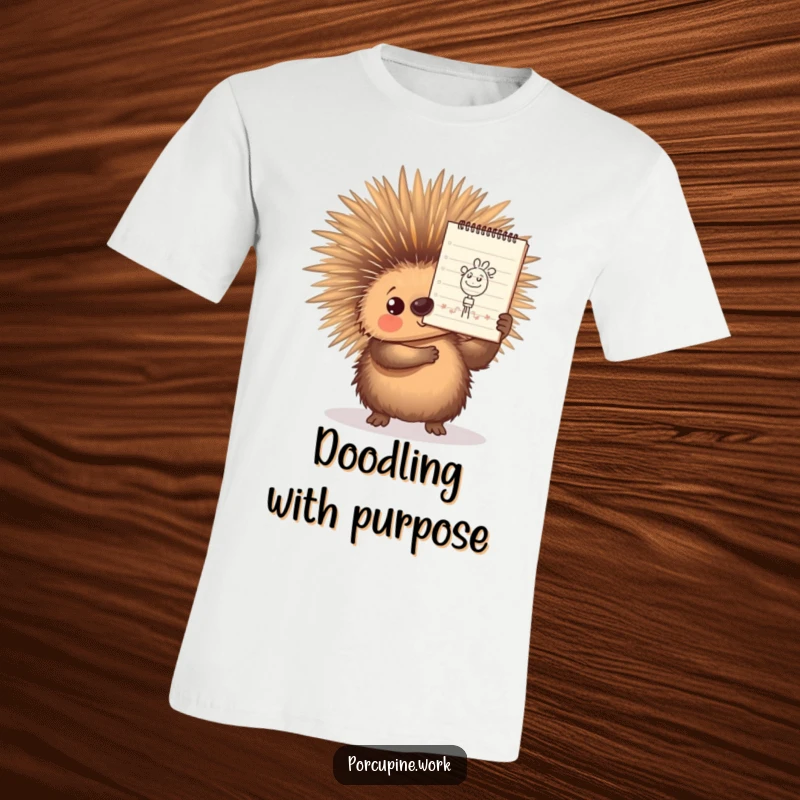 Funny T-Shirt depicting a porcupine proudly holding up a small but perfectly drawn doodle on a notepad, showcasing artistic talent.