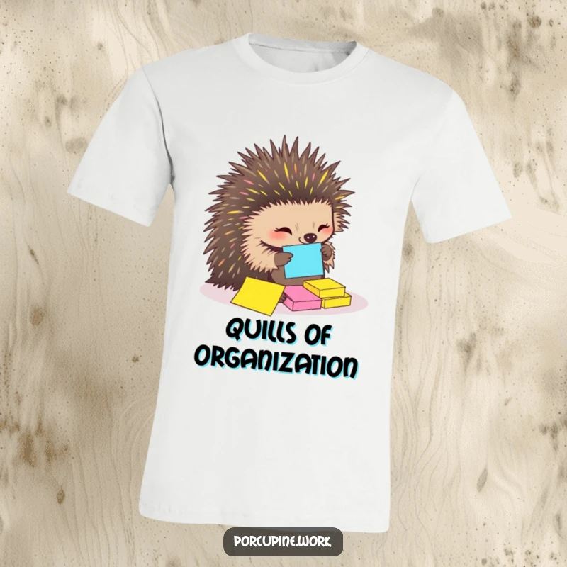 Funny T-Shirt with a porcupine expertly organizing colorful sticky notes with its quills, depicting a creative and humorous approach to office tasks.