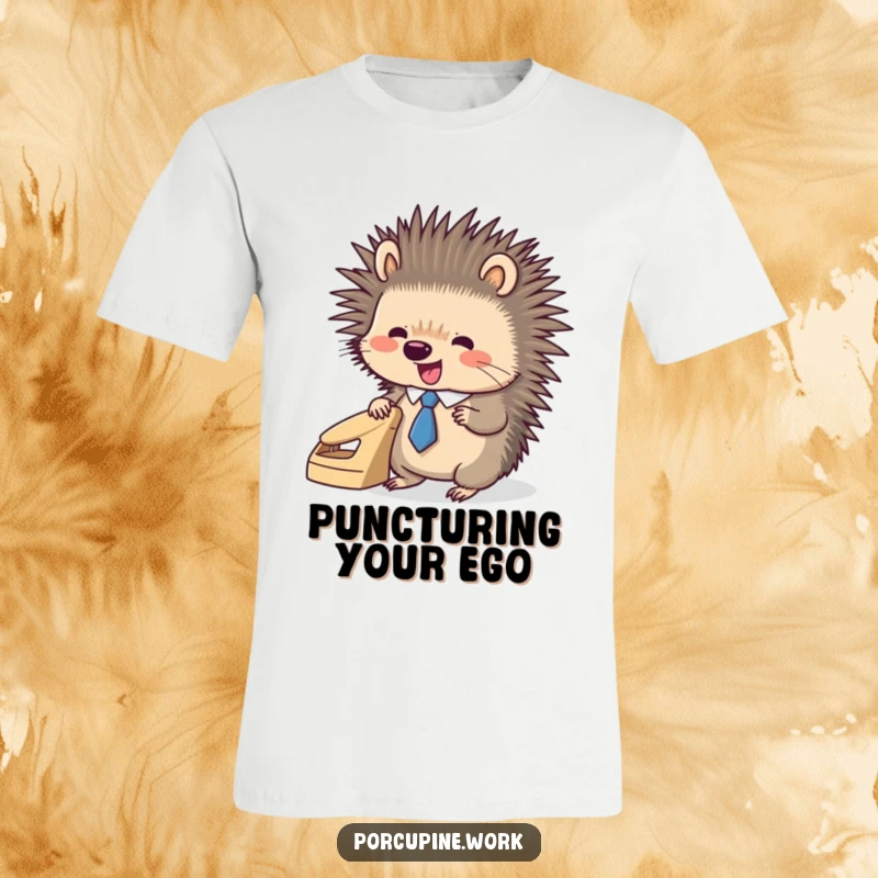 Funny porcupine wearing a tiny tie, enthusiastically using a hole punch, depicted on a cool graphic t-shirt.