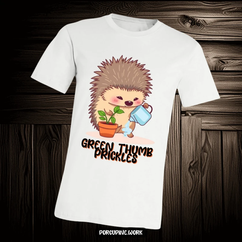 Funny t-shirt depicting a porcupine enthusiastically watering a miniature potted desk plant, celebrating office gardening and humor.