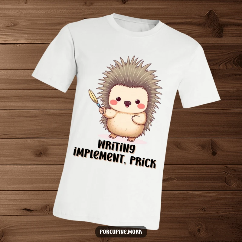 Funny porcupine offering a quill like a fountain pen, on a humorous and artistic t-shirt.