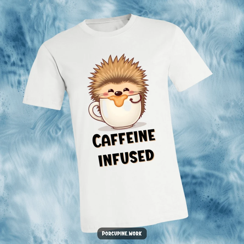 Funny t-shirt depicting a happy porcupine enjoying a sip from an extra-large coffee mug, showcasing pure delight.