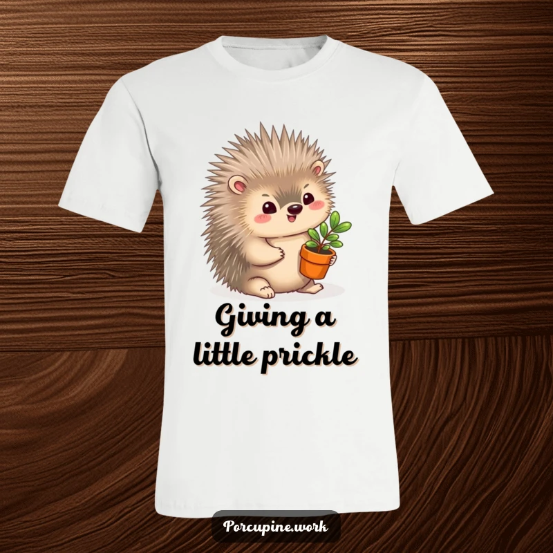 Funny T-Shirt: A porcupine with a gentle smile presents a miniature potted plant, embodying kindness and humor.
