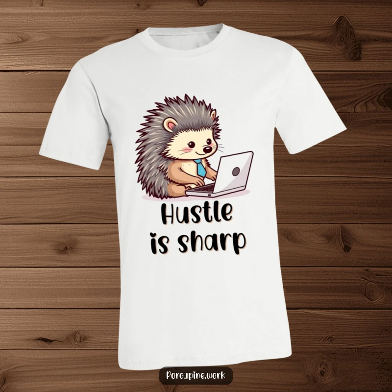 Funny t-shirt depicting a porcupine wearing a tiny tie, typing energetically on a laptop, representing business humor and dedication.