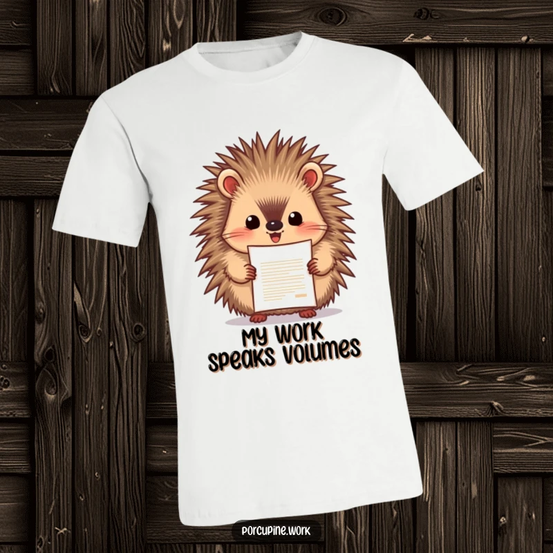 Funny porcupine enthusiastically presenting a document with pride, celebrating a win, great tee for achievers and presenters.