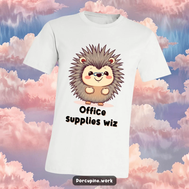 Funny t-shirt depicting a porcupine grinning while balancing a paperclip on its nose, highlighting focus and office absurdity.