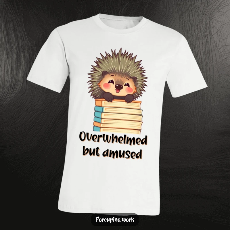 Funny porcupine peeking over a towering stack of files with amusement, printed on a comfortable graphic tee.
