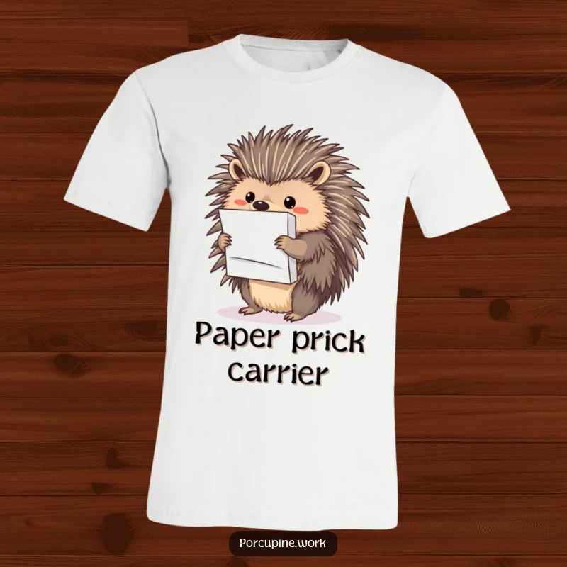 Funny porcupine struggling to hold many papers with its quills; this t-shirt is a humorous office statement.
