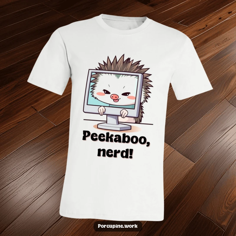 Funny porcupine hiding behind a computer monitor with a sly grin, looking sly and playing a prank, great tee for techies.