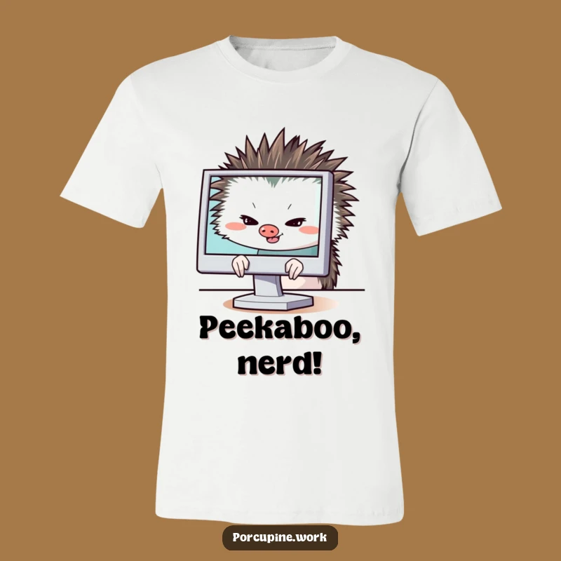 Funny Porcupine Tech Prank T-Shirt: Sly Grin Behind Monitor, Hilarious Gift for Geeks