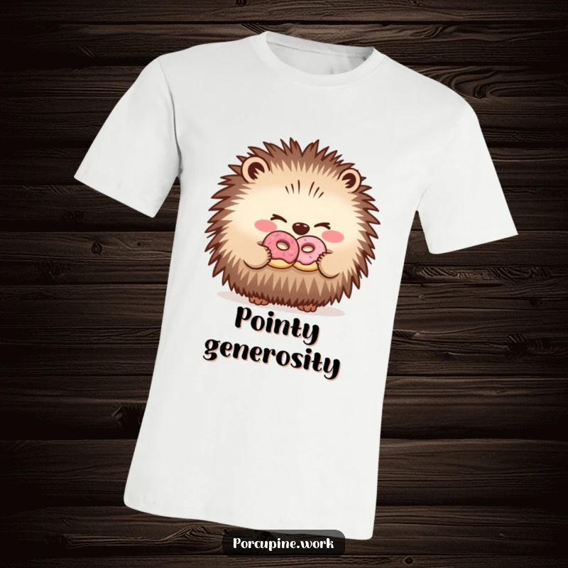 Funny t-shirt with a winking porcupine sharing a small donut with a colleague, highlighting a sweet and humorous office bond.