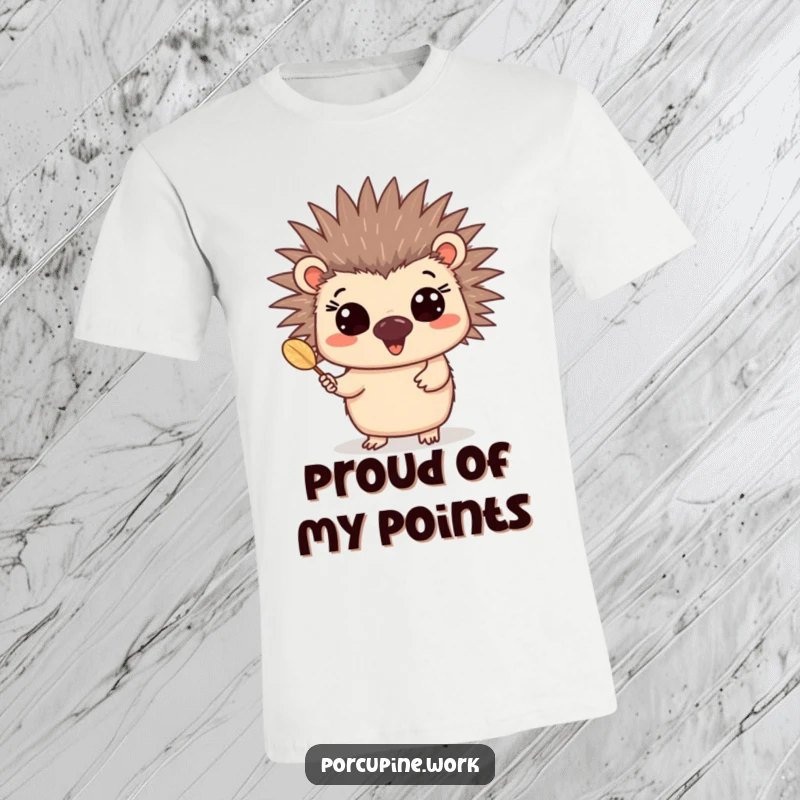 Funny happy porcupine t-shirt featuring an enthusiastic porcupine with wide eyes presenting a single quill with joy.