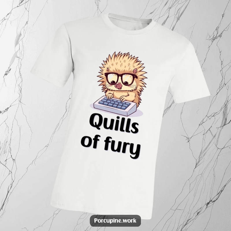 Funny t-shirt featuring a smart-looking porcupine with glasses energetically typing on a small computer keyboard.