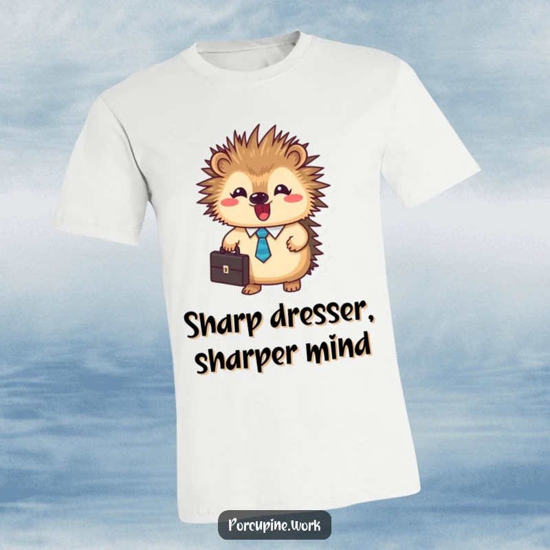 Funny business porcupine t-shirt featuring a cute, tie-wearing porcupine holding a briefcase, symbolizing drive and humor.
