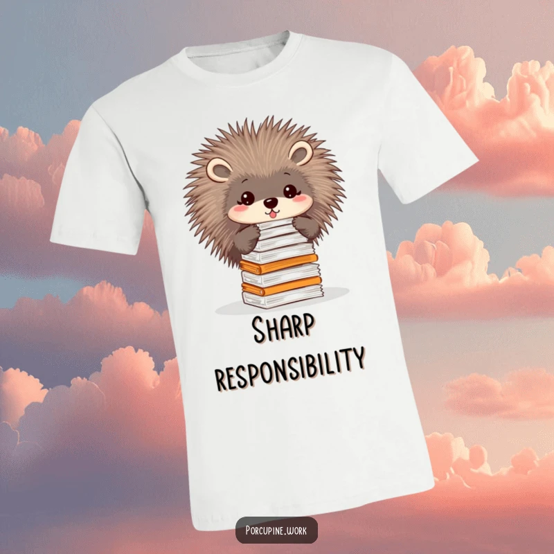 Funny t-shirt featuring a porcupine precariously balancing a large stack of papers on its quills, symbolizing workload management.