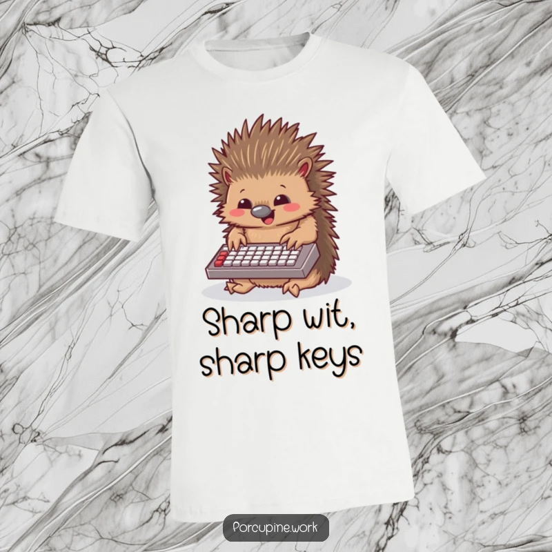 Funny porcupine t-shirt showcasing a porcupine gleefully typing on a miniature keyboard, radiating pure joy and office enthusiasm.