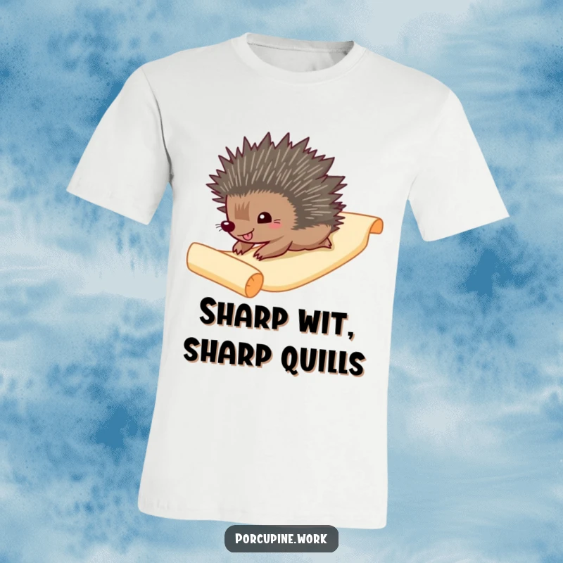 Funny T-Shirt: A gleeful porcupine joyfully slides down a winding paper scroll, capturing pure exhilaration.