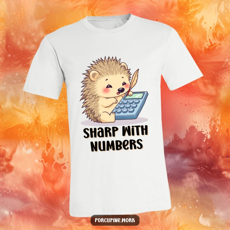 Funny porcupine using its quill to tap on a calculator, a witty t-shirt for math lovers and number crunchers.