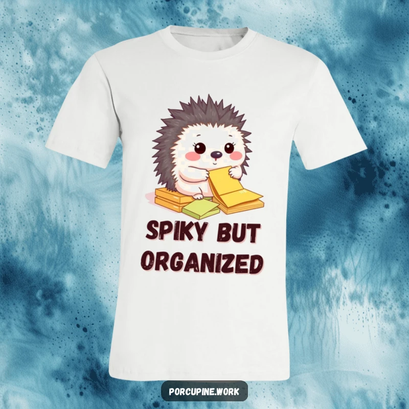Funny t-shirt showcasing a happy porcupine carefully sorting a pile of colorful sticky notes.