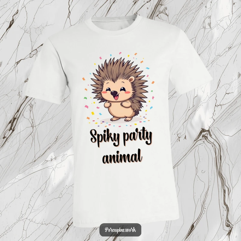 Funny porcupine t-shirt featuring a mischievous porcupine scattering a vibrant explosion of colorful confetti, embodying pure, unadulterated fun.
