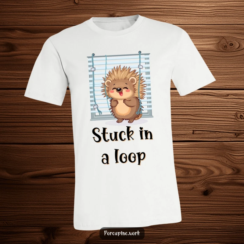 Funny porcupine comically stuck and tangled in office window blinds, a humorous t-shirt for office life.