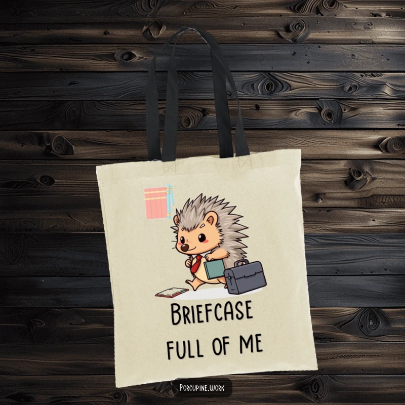 Funny porcupine with a briefcase happily scurries across a desk, perfect for carrying work essentials on this humorous tote bag.