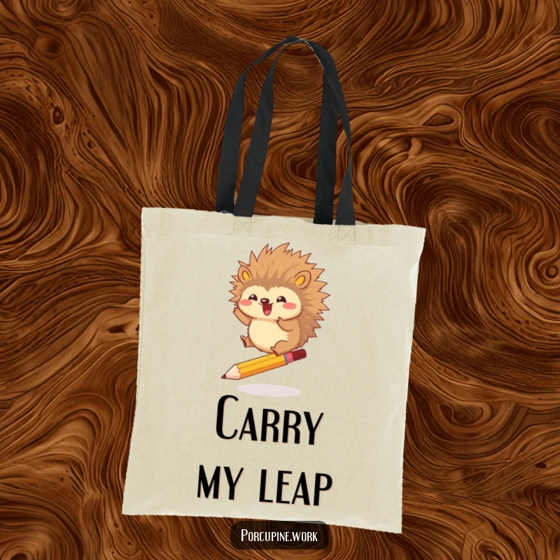 Funny tote bag with a porcupine joyfully jumping over a pencil, ideal for carrying daily items with a humorous, energetic flair.