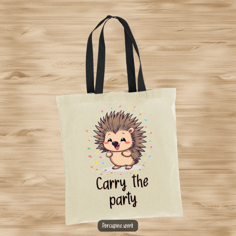 Funny porcupine tote bag showing a porcupine with a mischievous expression, scattering colorful confetti, perfect for carrying party supplies or groceries.