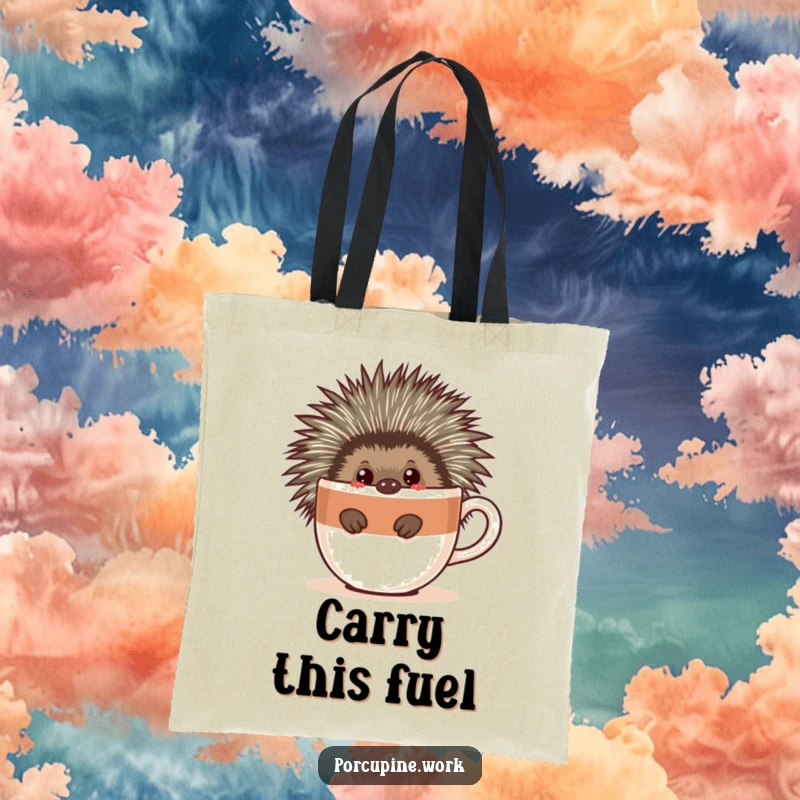 Funny tote bag showcasing a porcupine peeking around a large coffee cup, ideal for carrying daily necessities with a humorous coffee theme.